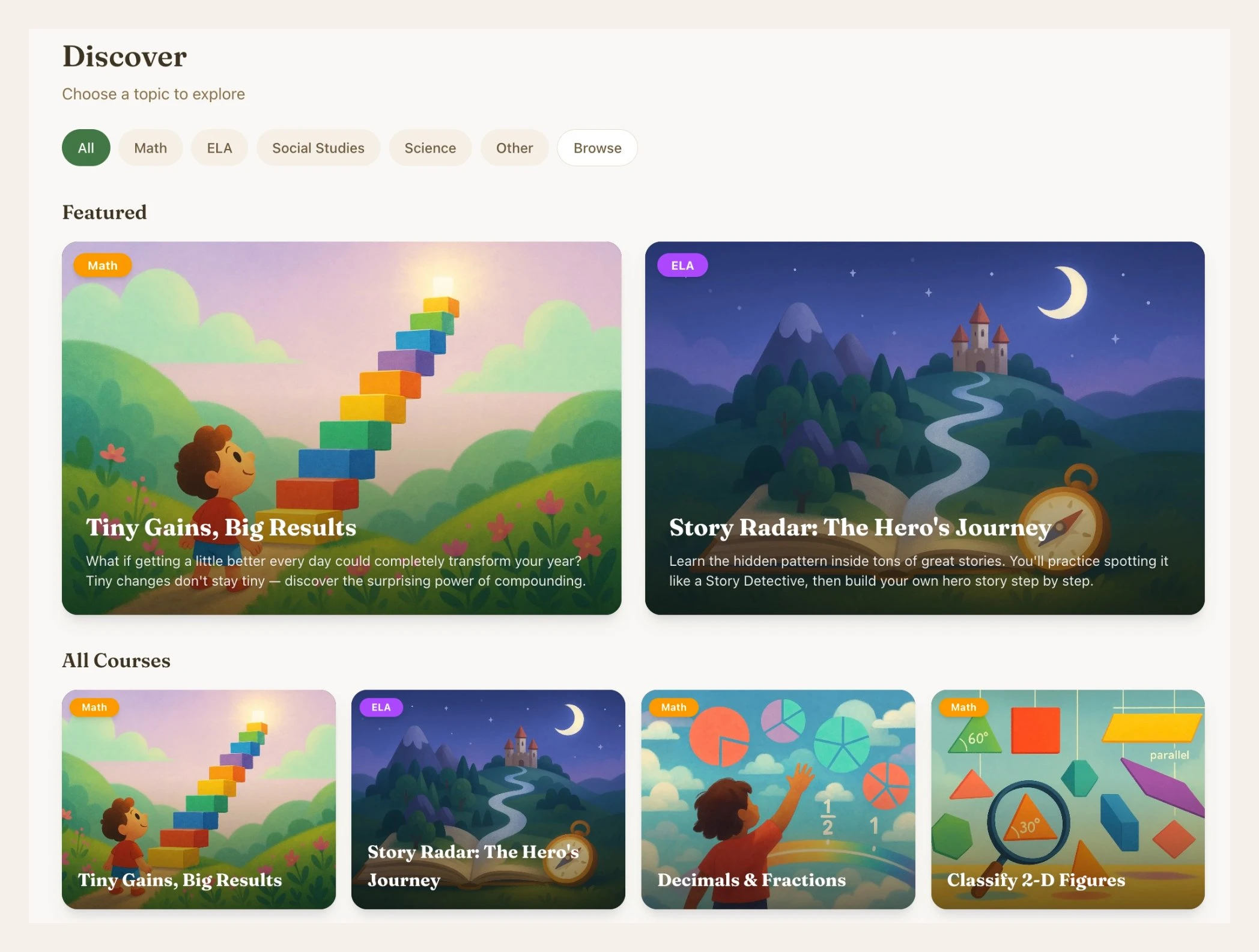 Hikari Discover page showing Featured courses with custom illustrations